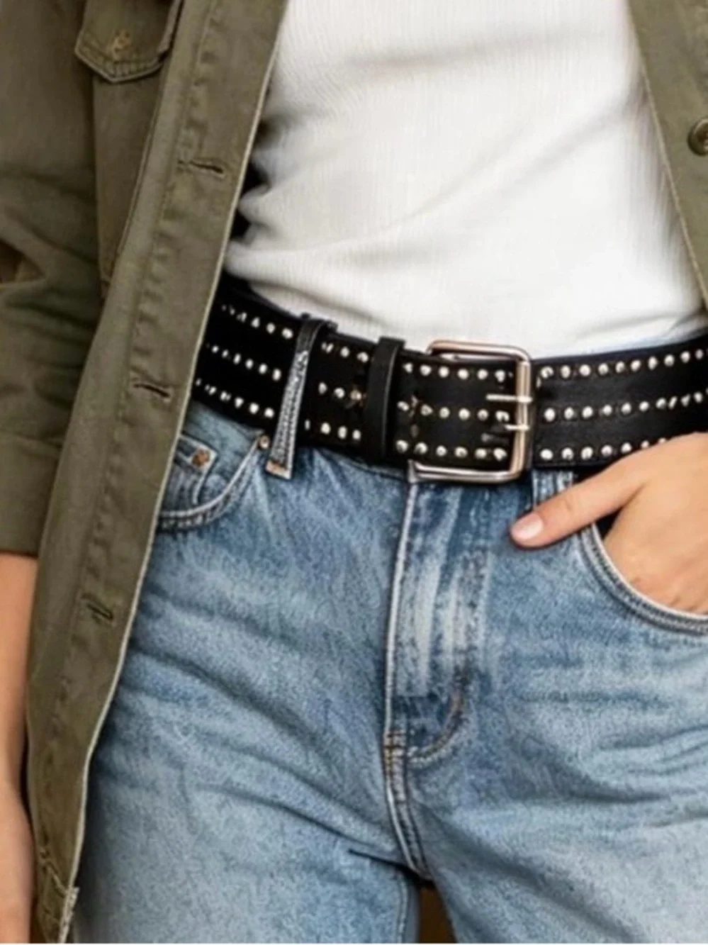 Black Studded Star Cutout Belt PU Leather Silver Rivets Punk Rock Y2K Unisex 45”